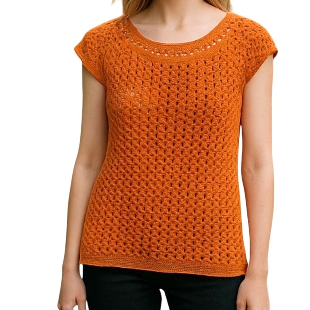 Hand Crocheted Women's Sweater One of a Kind Open Weave Top Medium Orange